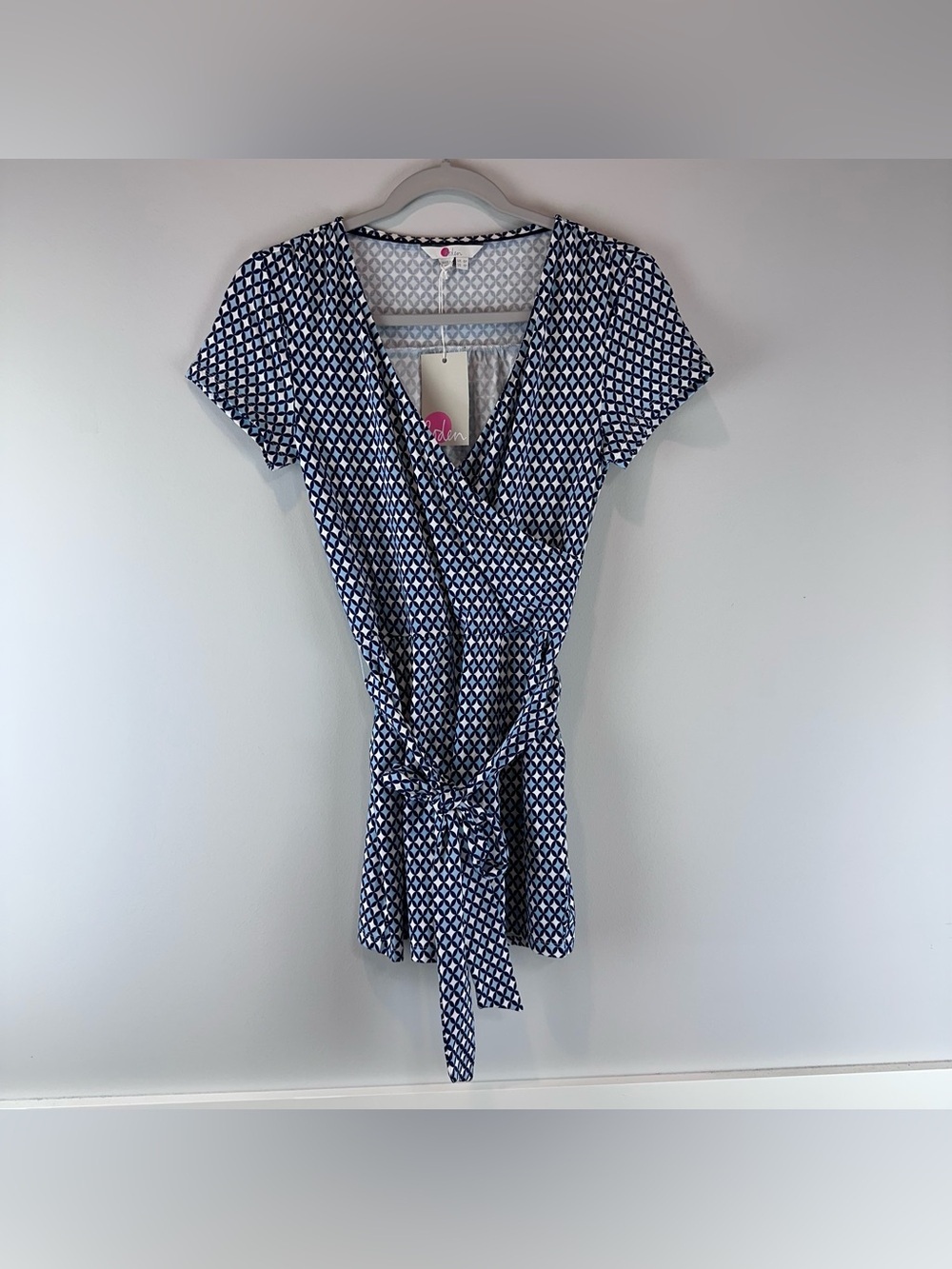 NEW Boden Blue White Faux Wrap V-Neck Tie Caroline Summer Romper 4 Petite